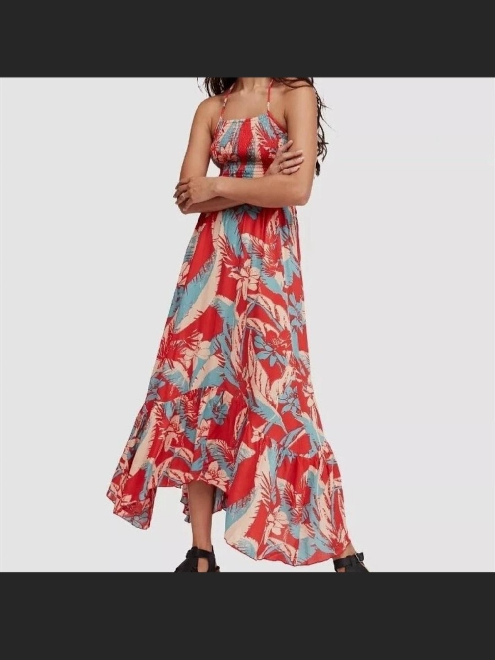Free People Red Tropical-Print High-Low Maxi Dress